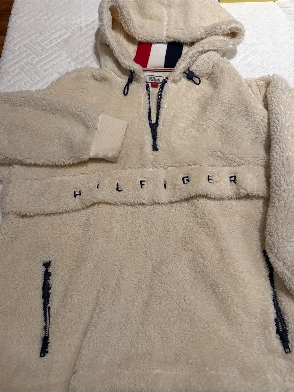 Tommy Hilfiger Cream Sherpa Half-Zip Pullover with Navy Trim